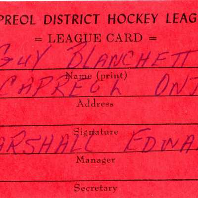 Hockey League's Registration Card belonging to Guy Blanchette