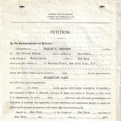 Petition for Patent, Charles E. Herrmann, Improvements in Briquetting Plant, 1914