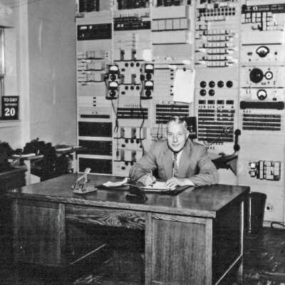 Photograph, F. Greaves in the Canadian National Railways telegraph office.