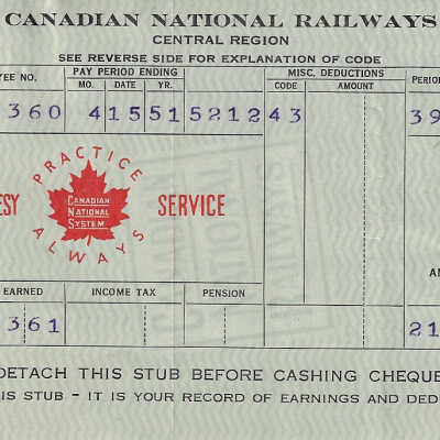 Canadian National Statement of Earnings and Deductions belonging to Frank Mazzuca