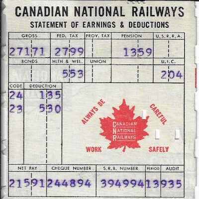Canadian National Statement of Earnings and Deductions belonging to Frank Mazzuca