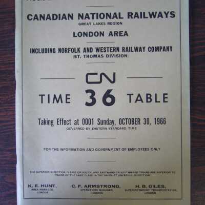 CN Great Lakes London Area Including Norfolk and Western Railway Company (St. Thomas Division) Time Table 36, Taking Effect at 0001 Sunday, October 30, 1966