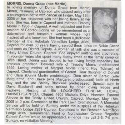Document, Obituary, Donna Grace (nee Martin) Morris.