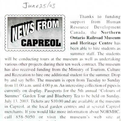 "News from Capreol" in Valley Vision, June 25, 2003