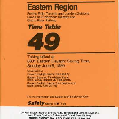 Employee Timetable, CP Rail, Eastern Region, Timetable 49, June 8th 1980.