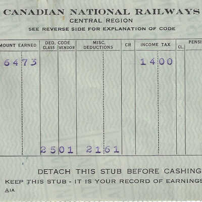 Canadian National Statement of Earnings and Deductions belonging to Frank Mazzuca