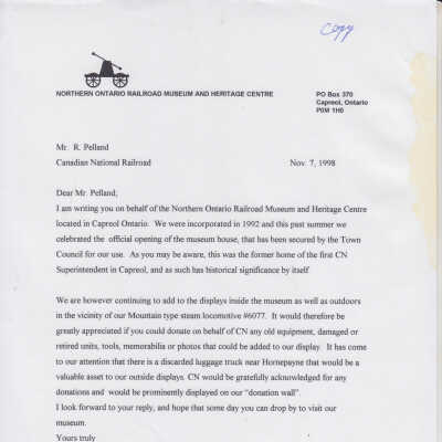 Letter from NORMHC Bob Michelutti to CN R Pelland, RE: Request for Old Cn Equipment