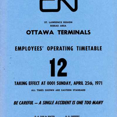 Timetable, CN Ottawa Terminals 12, April 25th 1971.