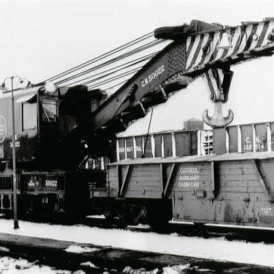 Photograph, CNR Railway Crane #50022 and Capreol Auxiliary Cabin Car