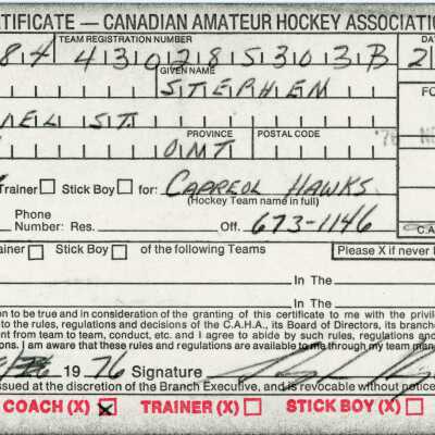 Hockey Coach Registration Certificate belonging to Stephen Ringler