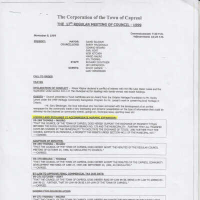 Town of Capreol Minutes: 17th Regular Metting of Council - 1999