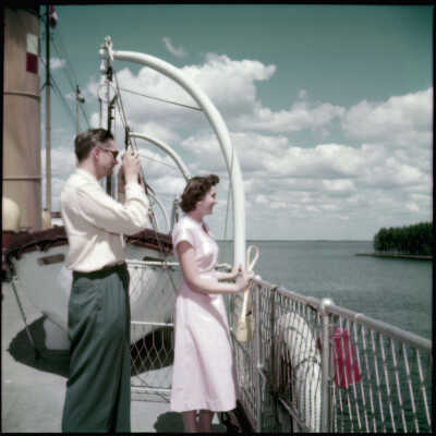 Photograph, Passengers aboard the SS Assiniboia, Canadian Pacific Steamship at Port McNicoll, Ontario.
