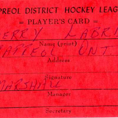 Hockey Player's Registration Card belonging to Gerry Labre