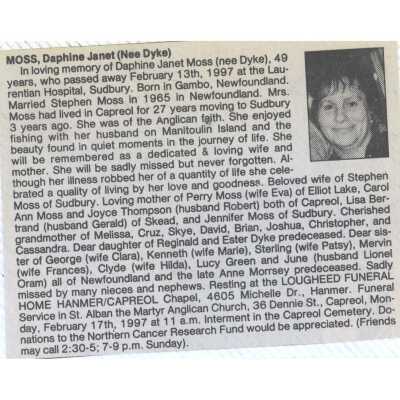 Document, Obituary, Daphine Janet (Nee Dyke) Moss.