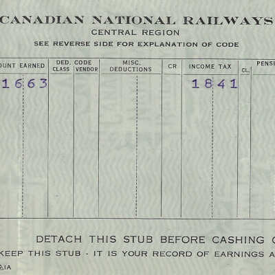 Canadian National Statement of Earnings and Deductions belonging to Frank Mazzuca