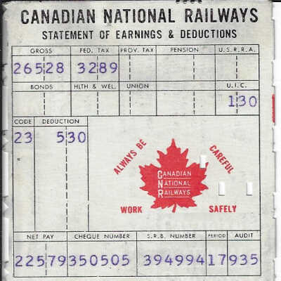 Canadian National Statement of Earnings and Deductions belonging to Frank Mazzuca