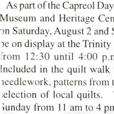 "News from Capreol" in Valley Vision, "Heritage Quilt Show"