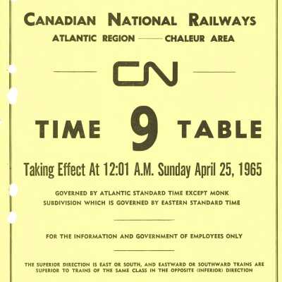Timetable, CNR, Atlantic Region - Chaleur Area 9, April 25, 1965