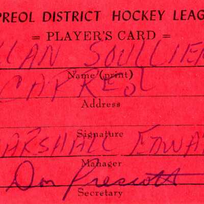 Hockey Player's Registration Card belonging to Allan Soulliere