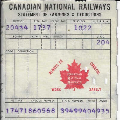 Canadian National Statement of Earnings and Deductions belonging to Frank Mazzuca