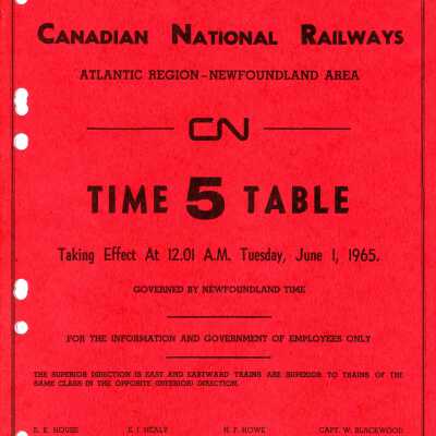 Timetable, Atlantic Region - Newfoundland Area 5, June 1, 1965.