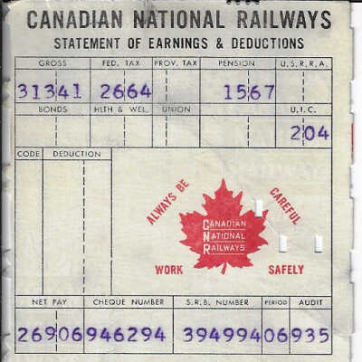 Canadian National Statement of Earnings and Deductions belonging to Frank Mazzuca