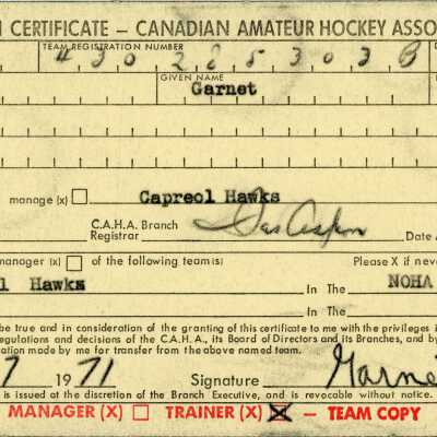 Hockey Trainer's Certificate belonging to Garnet Freeland