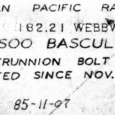 Document, Plan, Canadian Pacific Railway, Bridge 182.2 Webbwood Subdivision, Soo Bascule, Record of Trunnion Bolt Failures Reported Since November 1947.