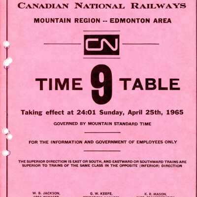 Timetable, CNR, Mountain Region - Edmonton Area 9, April 25th 1965
