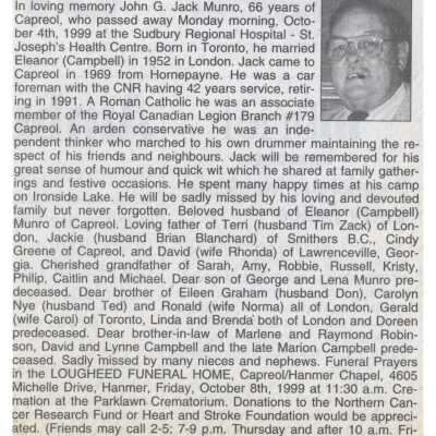 Document, Obituary, John G. Jack Munro.