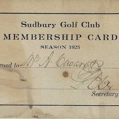 Sudbury Golf Club Membership Card: Mr. A. Cavanaugh, 1925