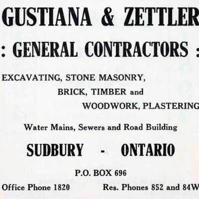 Photograph, Advertisement, Gustiana & Zettler General Contractors, Sudbury, Ontario.