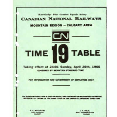 Timetable, CNR Mountain Region - Calgary Area 19, April 25th 1965.
