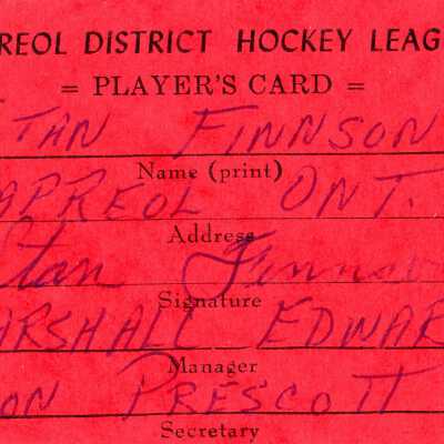Hockey Player's Registration Card belonging to Stan Finnson