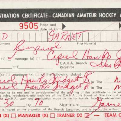 Hockey Trainer Certificate belonging to Garnet Freeland