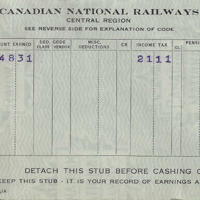 Canadian National Statement of Earnings and Deductions belonging to Frank Mazzuca