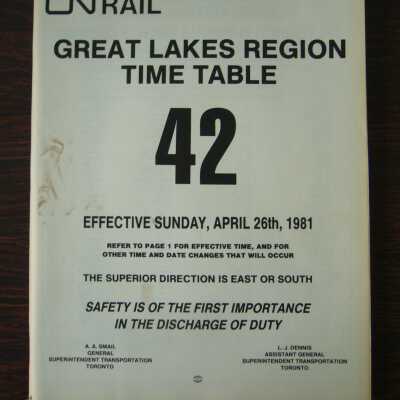 CN Great Lakes Region Time Table No. 42, Effective Sunday, April 26th, 1981