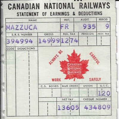 Canadian National Statement of Earnings and Deductions belonging to Frank Mazzuca