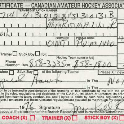 Hockey Coach/Manager Registration Certificate belonging to Marshall Edwards