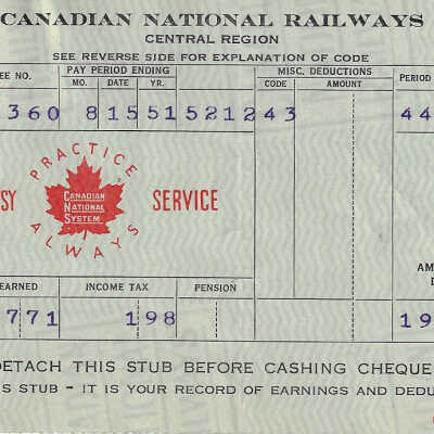 Canadian National Statement of Earnings and Deductions belonging to Frank Mazzuca