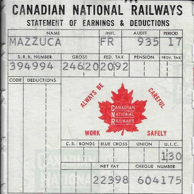 Canadian National Statement of Earnings and Deductions belonging to Frank Mazzuca