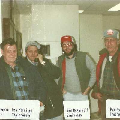 Photograph, Don Stevenson Conductor, Don Morrison Trainperson, Bud McKerroll Engineman, Don McDonough Trainperson.