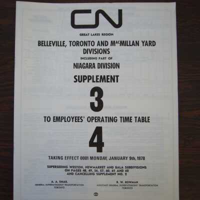 CN Great Lakes Region Belleville, Toronto and MacMillan Yard Divisions, including part of Niagara Division, Supplement 3 to Employees' Operating Time Table 4, Taking Effect Monday, January 9th, 1978