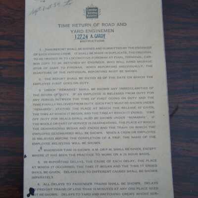 Canadian National Railways Time Return of Road and Yard Enginemen, 12724 A. Gardy
