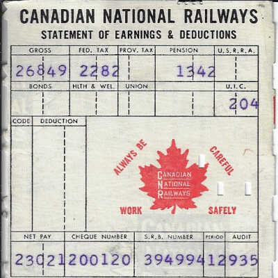 Canadian National Statement of Earnings and Deductions belonging to Frank Mazzuca