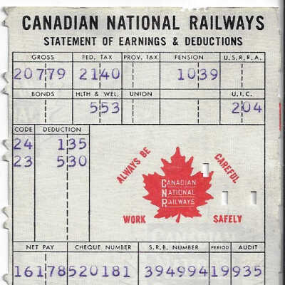Canadian National Statement of Earnings and Deductions belonging to Frank Mazzuca
