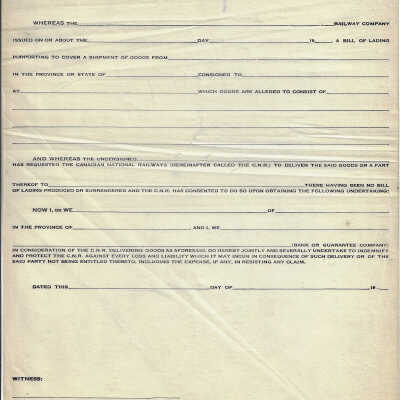 Canadian National Guarantee Re: Shipment of Goods