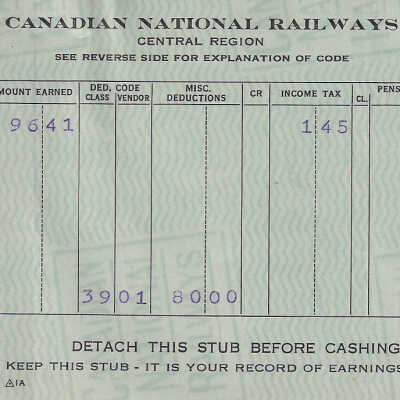 Canadian National Statement of Earnings and Deductions belonging to Frank Mazzuca