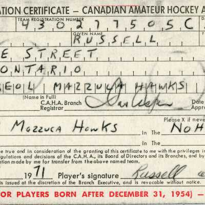 Hockey Player Registration Certificate belonging to Russell Wilson