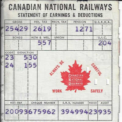 Canadian National Statement of Earnings and Deductions belonging to Frank Mazzuca